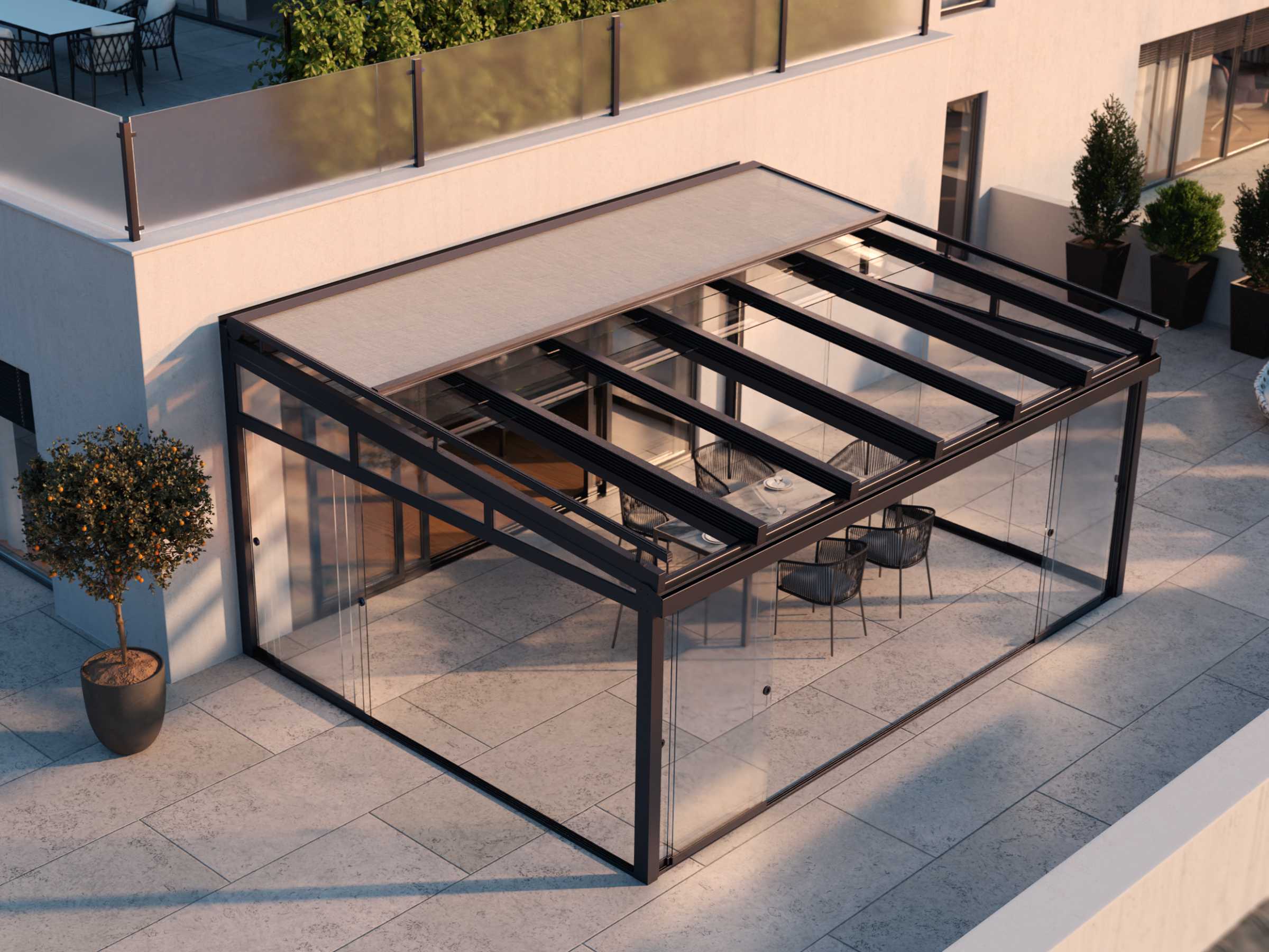 Glas-Terrassendach mit Über-Glas-Markise