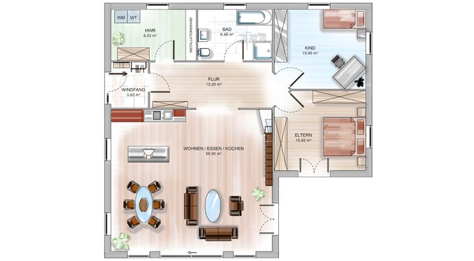 Grundriss Variante 2 ICON Winkelbungalow von Dennert Massivhaus