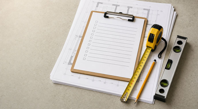 Klemmbrett, Maßband, Wasserwaage und Checkliste Klemmbrett, Maßband, Wasserwaage und Checkliste