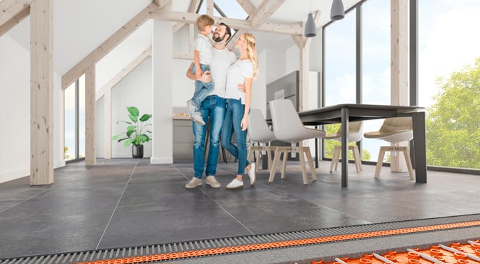 Flächenheizung mit niedriger Aufbauhöhe von Schlüter-Systems